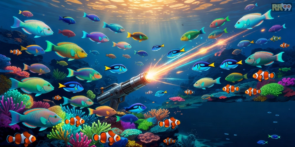 Giao diện game bắn cá đại dương rr99 với cá đa dạng và hiệu ứng nổ