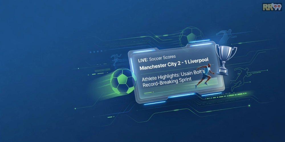Hình minh họa khái niệm tin thể thao rr99 với các yếu tố thể thao hiện đại và nền tảng kỹ thuật số.