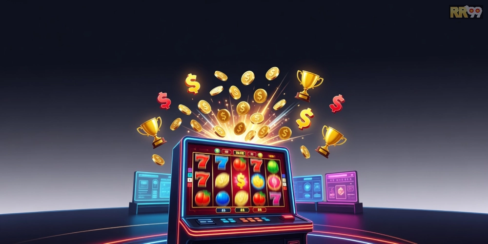 Minh họa khái niệm nổ hũ đổi thưởng rr99 với hình ảnh slot machine hiện đại và phần thưởng hấp dẫn