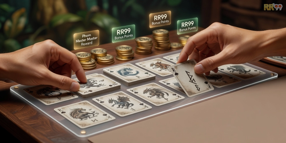 Hình ảnh minh họa trò chơi Phỏm trên nền tảng RR99 với các lá bài sắp xếp chiến lược và biểu tượng thưởng.