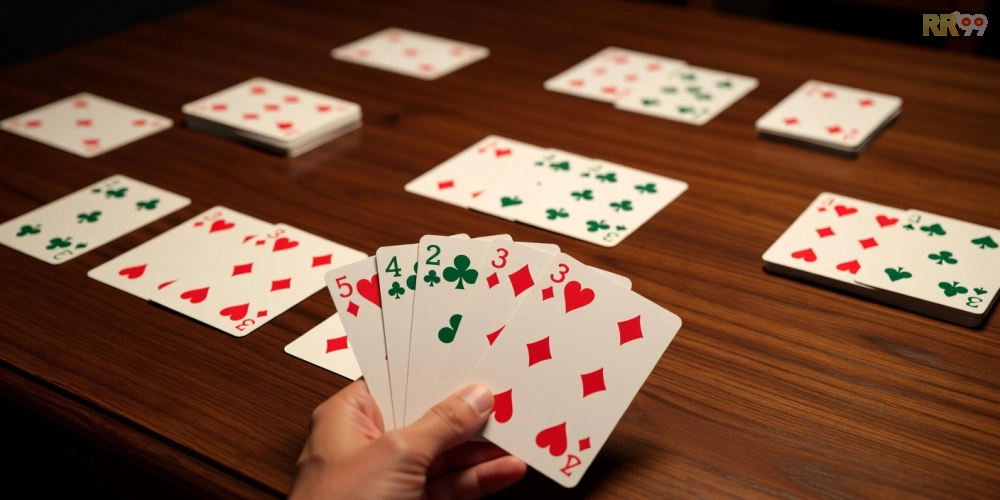 Giao diện chơi Phỏm trên nền tảng rr99 với các lá bài được sắp xếp chiến lược