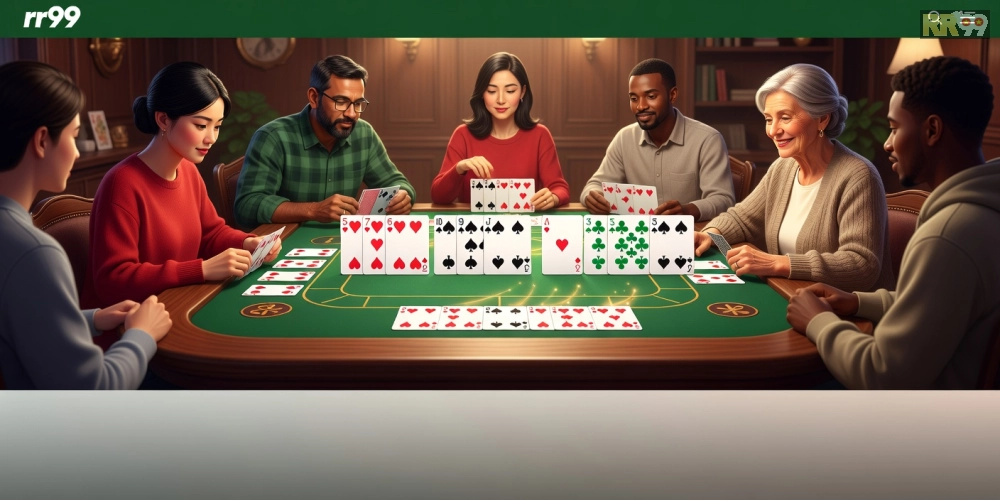 Giao diện chơi Phỏm trên nền tảng rr99 với các lá bài được sắp xếp chuyên nghiệp