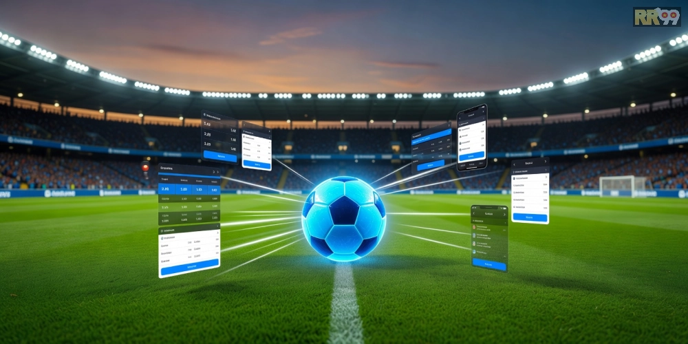 Minh họa khái niệm thể thao bóng đá rr99 qua hình ảnh sân cỏ và quả bóng hiện đại