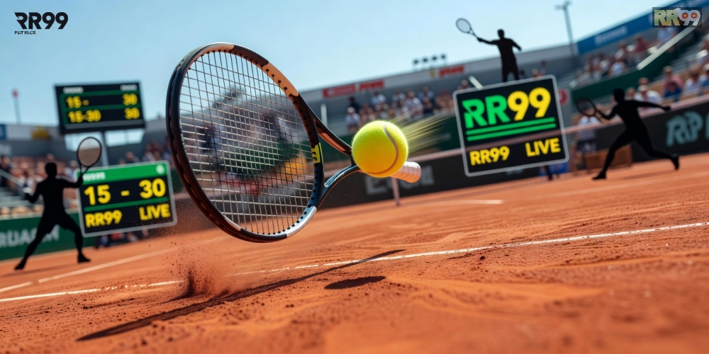 Hình ảnh nổi bật về tin tức tennis trên RR99 với các yếu tố sân đấu và quả bóng chuyên nghiệp.